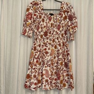 1 State Short Sleeve Smocked Puff Sleeve Mini Dress Red Pink Orange Yellow!